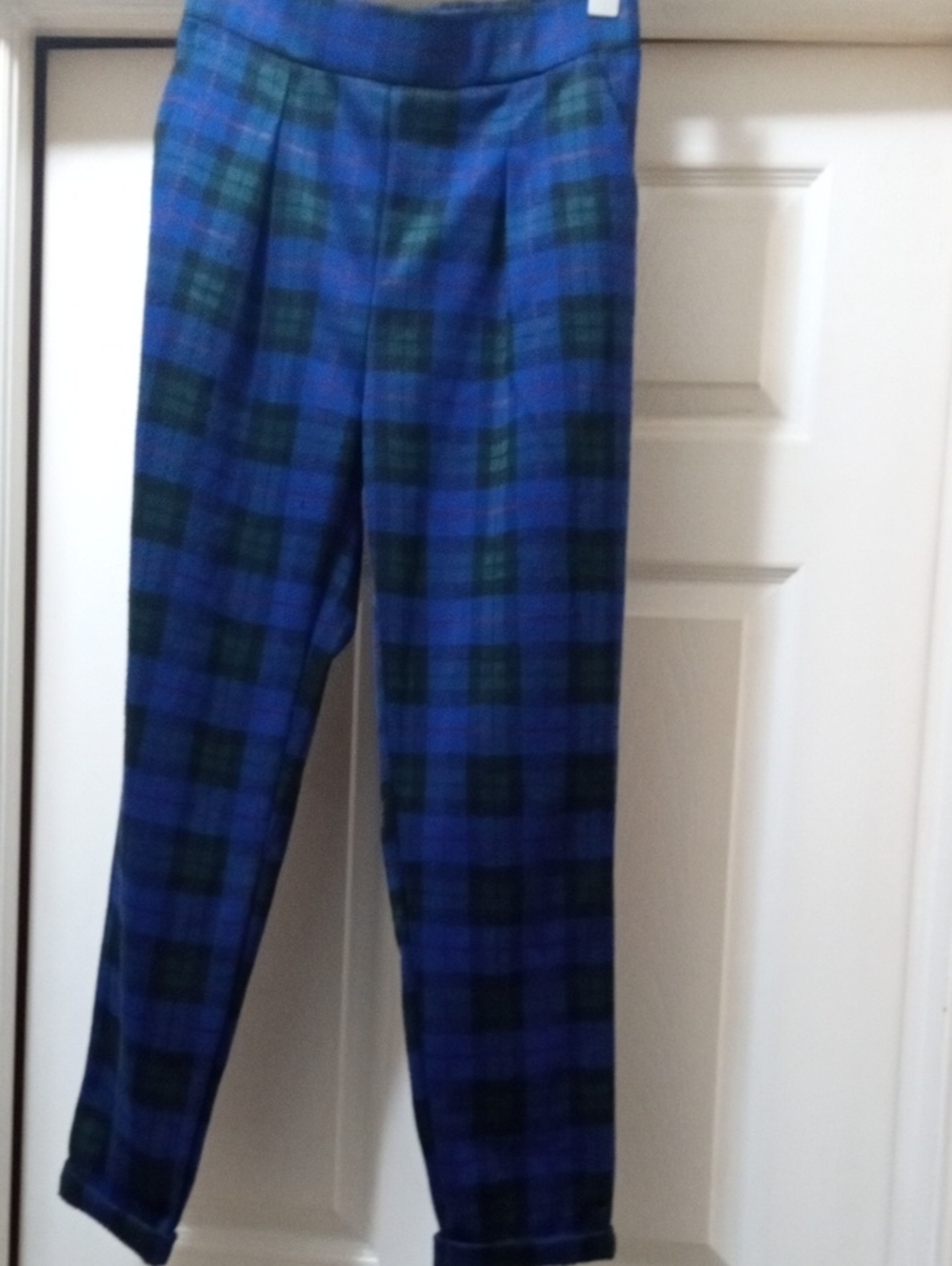 Revamped Blue and Green Plaid High-Waist Trousers